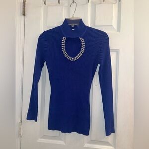 Size small blue diamond gem bedazzled cutout neckline ribbed long sleeve sweater
